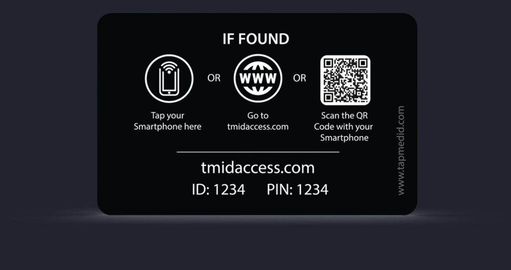 TapMedID card — tap, scan the QR, or enter the ID and PIN
